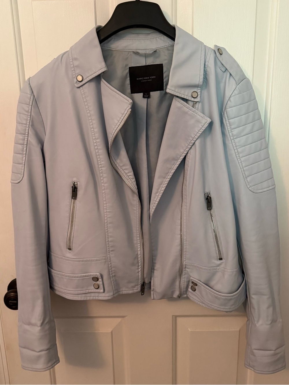 Marc New York Pale Blue Quilted-Shoulder Moto Jacket